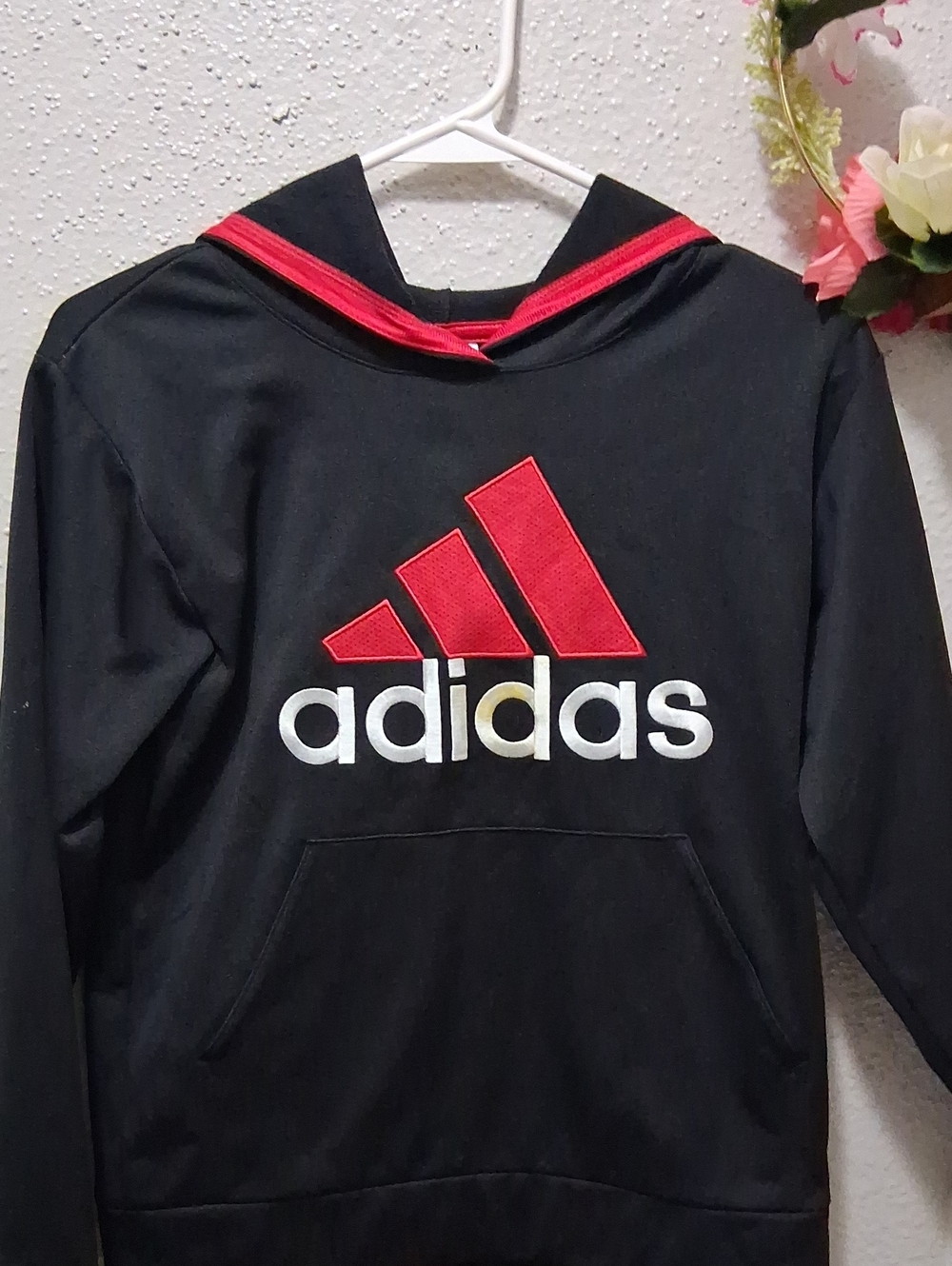 adidas Kids Black Pullover Hoodie with Red Logo